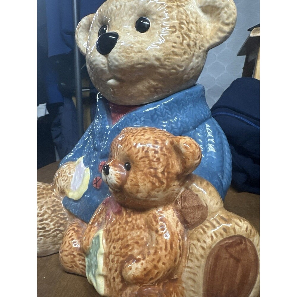 Vintage Cresco China Papa & Baby Bear Ceramic Cookie Jar Blue Sweater Retro - Picture 5 of 11